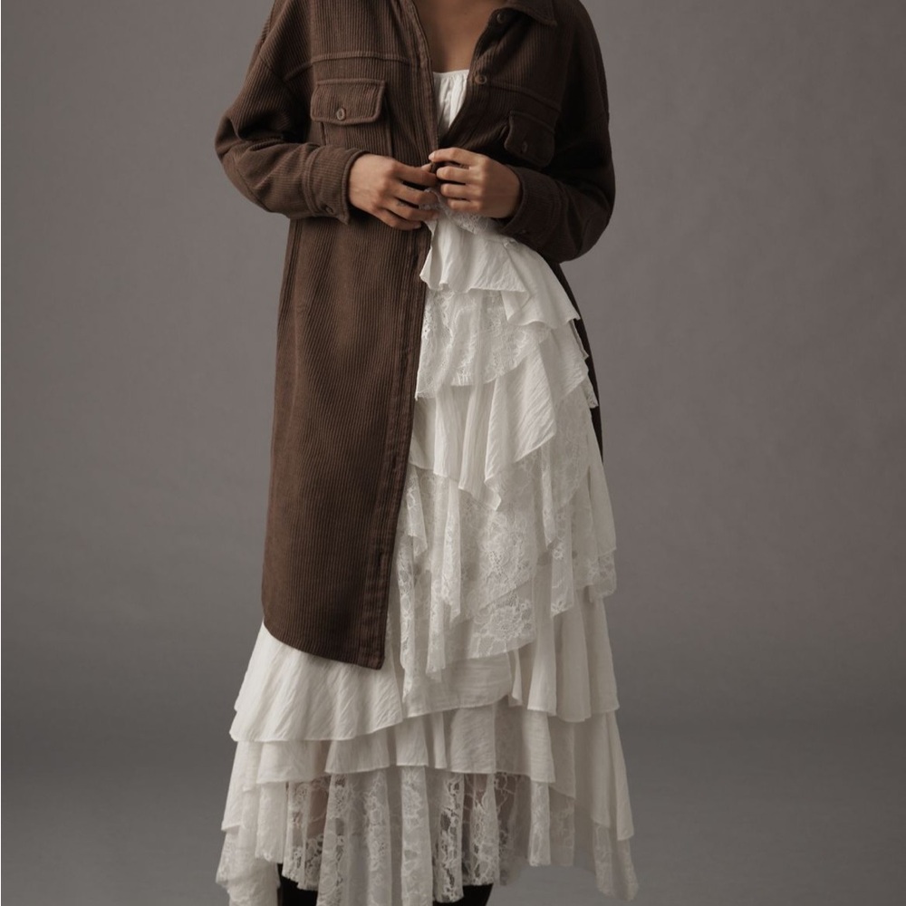 Brown Jacket with White Layered Dress